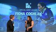 9 May 2015; Fiona Coghlan speaking with MC Darragh Maloney after receiving her Life Style Sports Special Merit award at the Leinster Rugby Awards Ball. The Leinster Rugby Awards Ball took place, at the Double Tree by Hilton hotel, Dublin, in front of over 500 attendees as Leinster Rugby celebrated the achievements of those both on and off the field in both the domestic and the professional game. On the night Sean Cronin was awarded the Bank of Ireland Leinster Rugby Players' Player of the Year and Jack Conan was awarded the Samsung Galaxy S6 Young Player of the Year award. RTÉ's Darragh Maloney was MC for the evening as Leinster Rugby Head Coach Matt O'Connor, Captain Jamie Heaslip and the rest of the players also took the opportunity to celebrate the careers of Leinster Rugby stalwarts Gordon D'Arcy and Shane Jennings. Picture credit: Stephen McCarthy / SPORTSFILE