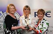 13 June 2008; Mary Burke, Meath, centre, receives her award for Published Article of the Year as part of the The Mick Dunne Memorial Awards 2007, from RTE News Reader Eileen Dunne, left, and Liz Howard, President of Cumann Camogaiochta na nGael. Camogie Media Awards, Croke Park, Dublin. Picture credit: Matt Browne / SPORTSFILE