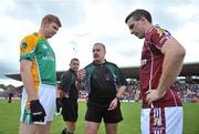 15 June 2008; Referee Brian Crowe with captains Gary McCloskey, Leitrim, and Padraic Joyce, Galway. GAA Football Connacht Senior Championship Semi-Final, Galway v Leitrim, Pearse Stadium, Galway. Picture credit: Brian Lawless / SPORTSFILE