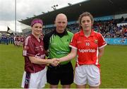 9 May 2015; Captains Geraldine Conneally, left, Galway and Ciara O'Sullivan, Cork, shake hands in the presence of referee Gavin Corrigan before the game. TESCO HomeGrown Ladies National Football League, Division 1 Final, Cork v Galway. Parnell Park, Dublin. Picture credit: Piaras Ó Mídheach / SPORTSFILE