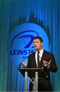 9 May 2015; Brian O'Driscoll speaking at the Leinster Rugby Awards Ball. The Leinster Rugby Awards Ball took place, at the Double Tree by Hilton hotel, Dublin, in front of over 500 attendees as Leinster Rugby celebrated the achievements of those both on and off the field in both the domestic and the professional game. On the night Sean Cronin was awarded the Bank of Ireland Leinster Rugby Players' Player of the Year and Jack Conan was awarded the Samsung Galaxy S6 Young Player of the Year award. RTÉ's Darragh Maloney was MC for the evening as Leinster Rugby Head Coach Matt O'Connor, Captain Jamie Heaslip and the rest of the players also took the opportunity to celebrate the careers of Leinster Rugby stalwarts Gordon D'Arcy and Shane Jennings. Picture credit: Stephen McCarthy / SPORTSFILE