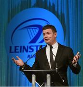 9 May 2015; Brian O'Driscoll speaking at the Leinster Rugby Awards Ball. The Leinster Rugby Awards Ball took place, at the Double Tree by Hilton hotel, Dublin, in front of over 500 attendees as Leinster Rugby celebrated the achievements of those both on and off the field in both the domestic and the professional game. On the night Sean Cronin was awarded the Bank of Ireland Leinster Rugby Players' Player of the Year and Jack Conan was awarded the Samsung Galaxy S6 Young Player of the Year award. RTÉ's Darragh Maloney was MC for the evening as Leinster Rugby Head Coach Matt O'Connor, Captain Jamie Heaslip and the rest of the players also took the opportunity to celebrate the careers of Leinster Rugby stalwarts Gordon D'Arcy and Shane Jennings. Picture credit: Stephen McCarthy / SPORTSFILE