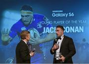 9 May 2015; Jack Conan is interviewed by MC Darragh Maloney after receiving the Samsung Galaxy S6 Young Player of the Year award at the Leinster Rugby Awards Ball. The Leinster Rugby Awards Ball took place, at the Double Tree by Hilton hotel, Dublin, in front of over 500 attendees as Leinster Rugby celebrated the achievements of those both on and off the field in both the domestic and the professional game. On the night Sean Cronin was awarded the Bank of Ireland Leinster Rugby Players' Player of the Year and Jack Conan was awarded the Samsung Galaxy S6 Young Player of the Year award. RTÉ's Darragh Maloney was MC for the evening as Leinster Rugby Head Coach Matt O'Connor, Captain Jamie Heaslip and the rest of the players also took the opportunity to celebrate the careers of Leinster Rugby stalwarts Gordon D'Arcy and Shane Jennings. Picture credit: Stephen McCarthy / SPORTSFILE