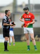 10 May 2015; Diarmuid Byrne, Carlow, in conversation with referee Diarmuid Kirwan. Leinster GAA Hurling Senior Championship Qualifier Group, round 2, Carlow v Laois. Netwatch Cullen Park, Carlow. Picture credit: Piaras Ó Mídheach / SPORTSFILE