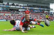 9 May 2015; Keith Earls, Munster, in action against Iain Henderson, Ulster. Guinness PRO12, Round 21, Ulster v Munster. Kingspan Stadium, Ravenhill Park, Belfast. Picture credit: Ramsey Cardy / SPORTSFILE