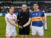 2 May 2015; Referee Fergal Kelly, with Tyrone Captain Kieran McGeary and Tipperary Captain Colin O'Riordan. EirGrid GAA All-Ireland U21 Football Championship Final, Tipperary v Tyrone. Parnell Park, Dublin. Picture credit: Oliver McVeigh / SPORTSFILE
