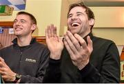 11 May 2015; Former Republic of Ireland International Kevin Kilbane, right, shows his appreciation for a dance performed by Liffey Wanderers supporter Michael &quot;Elvis&quot; Heapes during the FAI Junior Cup Tour and Community Day. The Padraig Pearse, Pearse Street, Dublin. Picture credit: Cody Glenn / SPORTSFILE