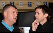 11 May 2015; Former Republic of Ireland International Kevin Kilbane in conversation with Liffey Wanderers' manager John Young after surprising former player and manager with the club, Parko Kealy, with VIP tickets to the FAI Junior Cup Final at the Aviva Stadium on Sunday during the FAI Junior Cup Tour and Community Day. The Padraig Pearse, Pearse Street, Dublin. Picture credit: Piaras Ó Mídheach / SPORTSFILE