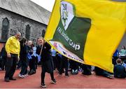 11 May 2015; Caitlin Whelan, 9, a student at City Quay N.S. waves a giant FAI Junior Cup flag during the FAI Jnr Cup Tour and Community Day. City Quay N.S. Gloucester Street South, Dublin. Picture credit: Cody Glenn / SPORTSFILE