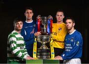11 May 2015; FAI Junior Cup finalists, Paul Murphy, far left, Sheriff YC captain, and David Andrews, far right, Liffey Wanderers captain, with FAI Intermediate Cup finalists, James Lee, Crumlin United, second from left, and Morgan Cranley,Tolka Rovers, at an FAI Umbro Intermediate Cup and FAI  Junior Cup Media Day in association with Umbro and Aviva, Aviva Stadium, Dublin. Picture credit: David Maher / SPORTSFILE