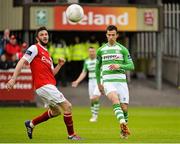 11 May 2015; Keith Fahey, Shamrock Rovers, in action against Killian Brennan, St Patrick's Athletic. SSE Airtricity League Premier Division, St Patrick's Athletic v Shamrock Rovers. Richmond Park, Dublin. Picture credit: David Maher / SPORTSFILE