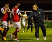 11 May 2015; Liam Buckley, St Patrick's Athletic manager, with Killian Brennan at the end of the gamer. SSE Airtricity League Premier Division, St Patrick's Athletic v Shamrock Rovers. Richmond Park, Dublin. Picture credit: David Maher / SPORTSFILE