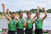 18 June 2008; The Ireland Lightweight Men's Four, from left, Paul Griffin, Gearoid Towey, Cathal Moynihan and Richard Archibald celebrate with their silver medals after finishing second in their Final behind Germany in a time of 6:06.34 and qualifying for the Olympic Games in Beijing in August. 2008 Final Olympic Rowing Qualification Regatta, Poznan, Poland. Picture credit: Brendan Moran / SPORTSFILE