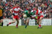 21 June 2008; Ciaran McElroy, Fermanagh, in action against Gerard O'Kane and Niall McCusker, Derry. Ulster GAA Senior Football Championship Semi Final, Derry v Fermanagh, Healy Park, Omagh, Co. Tyrone. Picture credit: Oliver McVeigh / SPORTSFILE