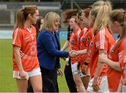 9 May 2015; Maire Hickey, President of Ladies Gaelic Football Association, is introduced to the Armagh team by captain Caroline O'Hanlon. TESCO HomeGrown Ladies National Football League, Division 2 Final, Armagh v Donegal. Parnell Park, Dublin. Picture credit: Piaras Ó Mídheach / SPORTSFILE