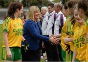 9 May 2015; Maire Hickey, President of Ladies Gaelic Football Association, is introduced to the Donegal team by captain Katy Herron. TESCO HomeGrown Ladies National Football League, Division 2 Final, Armagh v Donegal. Parnell Park, Dublin. Picture credit: Piaras Ó Mídheach / SPORTSFILE