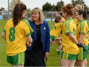 9 May 2015; Maire Hickey, President of Ladies Gaelic Football Association, greets Donegal captain Katy Herron. TESCO HomeGrown Ladies National Football League, Division 2 Final, Armagh v Donegal. Parnell Park, Dublin. Picture credit: Piaras Ó Mídheach / SPORTSFILE
