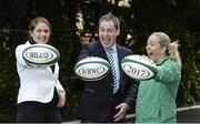 13 May 2015; In attendance at the announcement that Ireland won the bid to be the host nation for the 2017 Women's Rugby World Cup are, from left,  IRFU Women's Rugby Ambassador Fiona Coghlan, Ireland head coach Tom Tierney and Irish Women's Rugby Captain Niamh Briggs. Ballsbridge Hotel, Dublin. Picture credit: Piaras Ó Mídheach / SPORTSFILE