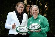 13 May 2015; In attendance at the announcement that Ireland won the bid to be the host nation for the 2017 Women's Rugby World Cup are IRFU Women's Rugby Ambassador Fiona Coghlan, left, and  Irish Women's Rugby captain Niamh Briggs. Ballsbridge Hotel, Dublin. Picture credit: Piaras Ó Mídheach / SPORTSFILE