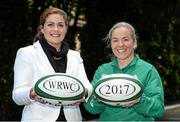 13 May 2015; In attendance at the announcement that Ireland won the bid to be the host nation for the 2017 Women's Rugby World Cup are IRFU Women's Rugby Ambassador Fiona Coghlan, left, and  Irish Women's Rugby captain Niamh Briggs. Ballsbridge Hotel, Dublin. Picture credit: Piaras Ó Mídheach / SPORTSFILE