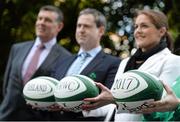 13 May 2015; In attendance at the announcement that Ireland won the bid to be the host nation for the 2017 Women's Rugby World Cup are, from left, IRFU Chief Executive Philip Browne, Ireland head coach Tom Tierney and  IRFU Women's Rugby Ambassador Fiona Coghlan. Ballsbridge Hotel, Dublin. Picture credit: Piaras Ó Mídheach / SPORTSFILE