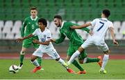 13 May 2015; Robert McCourt, Republic of Ireland, in action against Marcus Edwards, left, and Nathan Holland, England. UEFA European U17 Championship Finals Group D, Republic of Ireland v England, Stara Zagora, Bulgaria. Picture credit: Pat Murphy / SPORTSFILE