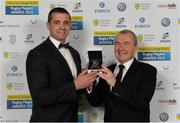 13 May 2015; Former Munster and Ireland legend Alan Quinlan is presented with the Zurich Contribution to Society award, in recognition of the significant impact made to society through his work raising the profile of mental health and depression in Ireland, by Conor Brennan, CEO, Zurich Ireland, at the Hibernia College IRUPA Rugby Player Awards 2015. Burlington Hotel, Dublin. Picture credit: Brendan Moran / SPORTSFILE