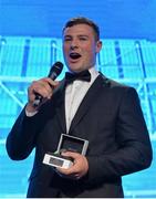 13 May 2015; Connacht and Ireland's Robbie Henshaw is interviewed after being presented with the VW Try of the Year award, for his effort against England in the RBS Six Nations, at the Hibernia College IRUPA Rugby Player Awards 2015. Burlington Hotel, Dublin. Picture credit: Brendan Moran / SPORTSFILE