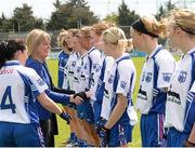 9 May 2015; Marie Hickey, LGFA president, is introduced to the Waterford team by captain Linda Wall, left. TESCO HomeGrown Ladies National Football League, Division 3 Final, Waterford v Sligo. Parnell Park, Dublin. Picture credit: Piaras Ó Mídheach / SPORTSFILE