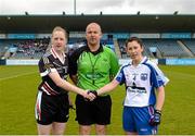 9 May 2015; Referee Jonathan Murphy with team captains Stephanie O'Reilly, left, Sligo, and Linda Wall, Waterford, before the game. TESCO HomeGrown Ladies National Football League, Division 3 Final, Waterford v Sligo. Parnell Park, Dublin. Picture credit: Piaras Ó Mídheach / SPORTSFILE
