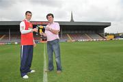 19 June 2008; Lucozade Sport, the country's leading sports drink, released the results of its nationwide League of Ireland Supporters' Poll which was conducted at all Premier Division grounds earlier this year. The Supporters Poll, which is the first specific League of Ireland poll of this scale to directly engage with supporters on match day, surveyed over 600 fans and has yielded some intriguing results. At a photocall at Dalymount Park, which was voted the best stadium in the League, are League of Ireland legend Mick Leech, right, who was recognized by supporters around the country as the greates League of Ireland player or all time, and St. Patrick's Athletic's Keith Fahey, who was named the player that opposing fans would like to sign for their club. Dalymount Park, Dublin. Picture credit: Brian Lawless / SPORTSFILE