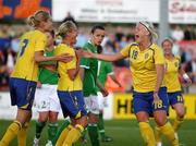 25 June 2008; Karolina Westberg, Sweden, is congratulated by Nilla Fischer, 18 and Stina Segerstorm, left. UEFA Women's European Championship Qualifier, Group 2, Republic of Ireland v Sweden, Carlisle Grounds, Bray, Co. Wicklow. Picture credit: Diarmuid Greene / SPORTSFILE