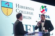 13 May 2015; Connacht's Michael Swift is interviewed by Mc Kyran Bracken after being presented with the Hibernia College Medal for Excellence award at the Hibernia College IRUPA Rugby Player Awards 2015. Burlington Hotel, Dublin. Picture credit: Brendan Moran / SPORTSFILE