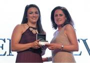 13 May 2015; Ireland's Lucy Mulhall is presented with the BNY Mellon Women’s Sevens Player of the Year 2015 award by Arlene Allen, right, Managing Director, Investment Managers, at the Hibernia College IRUPA Rugby Player Awards 2015. Burlington Hotel, Dublin. Picture credit: Brendan Moran / SPORTSFILE
