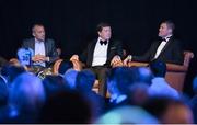 13 May 2015; Former rugby internationals Thomas Castaignede, left, France, Paul Wallace and Carlo Del Fava, right, Italy, are interviewed during a Q&A session at the Hibernia College IRUPA Rugby Player Awards 2015. Burlington Hotel, Dublin. Picture credit: Brendan Moran / SPORTSFILE