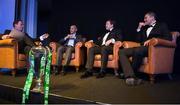 13 May 2015; Former rugby internationals Thomas Castaignede, France, Paul Wallace and Carlo Del Fava, Italy, are interviewed by MC Kyran Bracken during a Q&A session at the Hibernia College IRUPA Rugby Player Awards 2015. Burlington Hotel, Dublin. Picture credit: Brendan Moran / SPORTSFILE