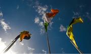 16 May 2015; The Tricolour and the flags of Offaly and Longford flutter in the strong wind before the game. Leinster GAA Football Senior Championship, Round 1, Offaly v Longford, O'Connor Park, Tullamore, Co. Offaly. Picture credit: Ray McManus / SPORTSFILE