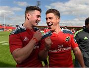 16 May 2015; Munster's Ronan O'Mahony, left, and Ian Keatley celebrate after victory over Newport Gwent Dragons. Guinness PRO12, Round 22, Munster v Newport Gwent Dragons. Irish Independent Park, Cork. Picture credit: Diarmuid Greene / SPORTSFILE