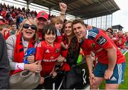 16 May 2015; Ian Keatley, Munster, on the occassion of his 100th Munster appearance, celebrates with supporters after the game. Guinness PRO12, Round 22, Munster v Newport Gwent Dragons. Irish Independent Park, Cork. Picture credit: Diarmuid Greene / SPORTSFILE
