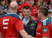 16 May 2015; Munster's Peter O'Mahony in conversation with Paul O'Connell and CJ Stander after the game. Guinness PRO12, Round 22, Munster v Newport Gwent Dragons. Irish Independent Park, Cork. Picture credit: Diarmuid Greene / SPORTSFILE
