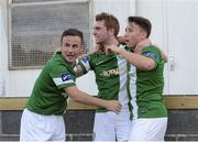 16 May 2015; Peter McGlynn, Bray Wanderers, centre, celebrates with teammates David Cassidy, left, and Chris Lyons after scoring their side's first goal. Bray Wanderers. SSE Airtricity League Premier Division, Bray Wanderers v St.Patrick's Athletic, Carlisle Grounds, Bray, Co. Wicklow. Picture credit: Ray Lohan / SPORTSFILE