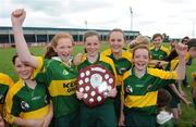 22 June 2008; Kerry players, from left, Niamh Duffy, Marian Leahy, Marie Quirke, Jessica Fitzell and Megane Weir celebrate with the trophy. Feile na nGael Camogie Finals - Division 4 Final, Kerry v Clonad, Portlaoise GAA Club, O'Moore Park, Portlaoise, Co. Laois. Picture credit: Matt Browne / SPORTSFILE