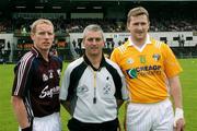 28 June 2008; Referee, Johnny Ryan along with Galway captain, Ollie Canning, and Antrim captain, Paddy Richmond, before the coin toss. All-Ireland Senior Championship Qualifier, Round 1, Antrim v Galway, Casement Park, Belfast, Co. Antrim. Picture credit: Oliver McVeigh / SPORTSFILE