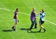 29 June 2008; Dublin's Conal Keaney squirts water at Westmeath Maor Uisce Jim Whelan after he tried to retrieve the bottle from which Keaney was drinking from during the first half as Westmeath full-back Kieran Gavin watches on. GAA Football Leinster Senior Championship Semi-Final, Dublin v Westmeath, Croke Park, Dublin. Picture credit: Stephen McCarthy / SPORTSFILE