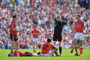 29 June 2008; Referee Joe McQuillan, shows the red card to Martin O'Rourke, no.12, Armagh for a challange on Damien Rafferty, Down. GAA Football Ulster Senior Championship Semi-Final, Down v Armagh, St Tighearnach's Park, Clones, Co. Monaghan. Picture credit: David Maher / SPORTSFILE