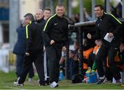 16 May 2015; Bray Wanderers Manager Trevor Croly, centre, and goalkeeper coach Richard Fitzgibbons celebrate their side's first goal. SSE Airtricity League Premier Division, Bray Wanderers v St.Patrick's Athletic, Carlisle Grounds, Bray, Co. Wicklow. Picture credit: Ray Lohan / SPORTSFILE