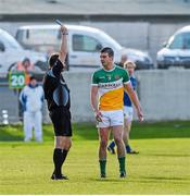 16 May 2015; Offaly's Niall Smith is shown a Black Card by referee Padraig O'Sullivan during the firast half. Leinster GAA Football Senior Championship, Round 1, Offaly v Longford, O'Connor Park, Tullamore, Co. Offaly. Picture credit: Ray McManus / SPORTSFILE