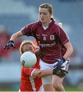 16 May 2015; Annette Clarke, Galway, in action against Roisin O'Sullivan, Cork. TESCO HomeGrown Ladies National Football League, Division 1 Final Replay, Cork v Galway, O'Moore Park, Portlaoise, Co. Laois. Picture credit: Brendan Moran / SPORTSFILE