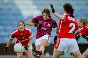 16 May 2015; Patricia Gleeson, Galway, scores her side's first goal despite the efforts of Cork players, from left, Roisin O'Sullivan, Marie Ambrose and Vera Foley. TESCO HomeGrown Ladies National Football League, Division 1 Final Replay, Cork v Galway, O'Moore Park, Portlaoise, Co. Laois. Picture credit: Brendan Moran / SPORTSFILE