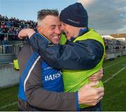 16 May 2015; Longford manager Jack Sheedy celebrates with kit man Shane Dooley after the final whistle. Leinster GAA Football Senior Championship, Round 1, Offaly v Longford, O'Connor Park, Tullamore, Co. Offaly. Picture credit: Ray McManus / SPORTSFILE
